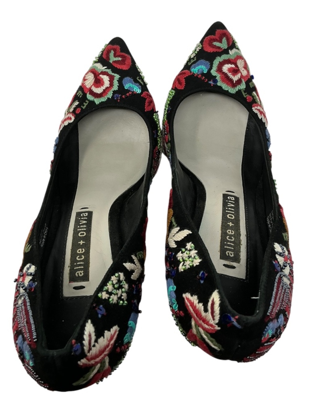 Alice + Olivia Embroidered Beaded Velvet Floral Pointed Toe Pumps Size 7 - Picture 10 of 16